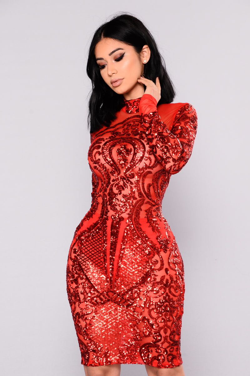 Calcy Sequin Mesh Dress - Red | Fashion ...
